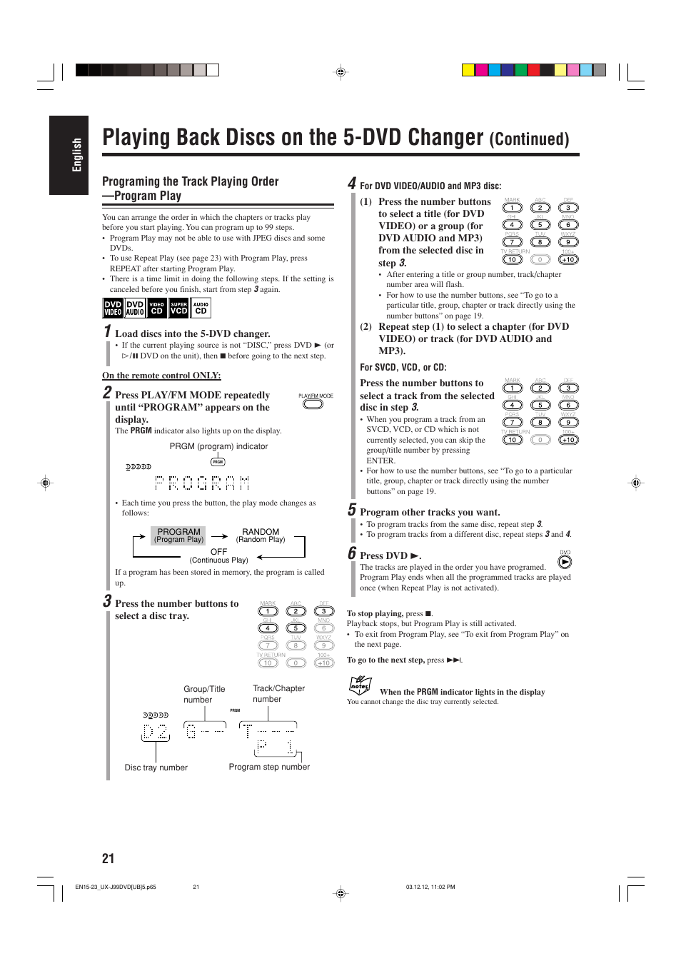 Playing back discs on the 5-dvd changer, Continued), Programing the track playing order —program play | JVC UX-J99DVD User Manual | Page 24 / 96