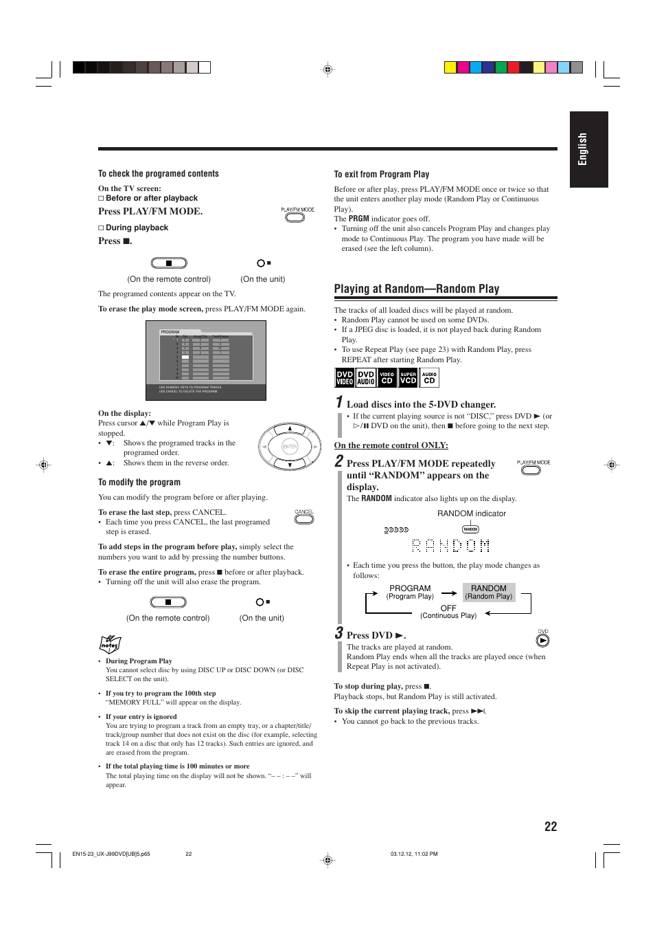 Playing at random—random play, English, Press play/fm mode | Press 7, Load discs into the 5-dvd changer, Press dvd 3 | JVC UX-J99DVD User Manual | Page 25 / 96