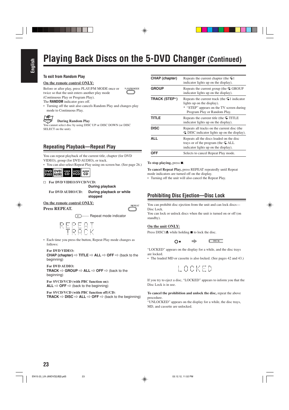 Playing back discs on the 5-dvd changer, Continued), Repeating playback—repeat play | Prohibiting disc ejection—disc lock, English | JVC UX-J99DVD User Manual | Page 26 / 96