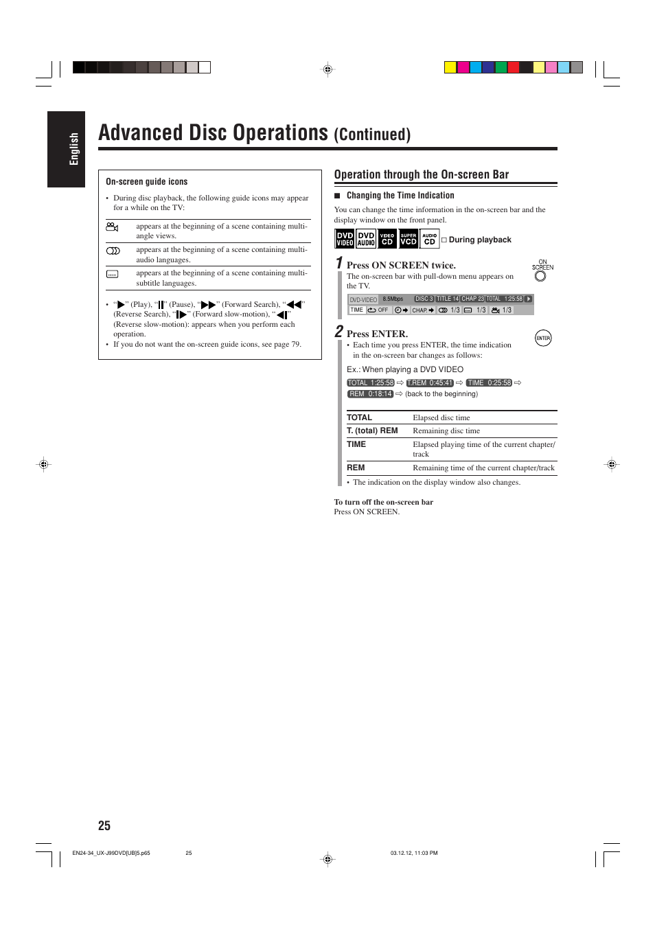 Advanced disc operations, Continued), Operation through the on-screen bar | English | JVC UX-J99DVD User Manual | Page 28 / 96