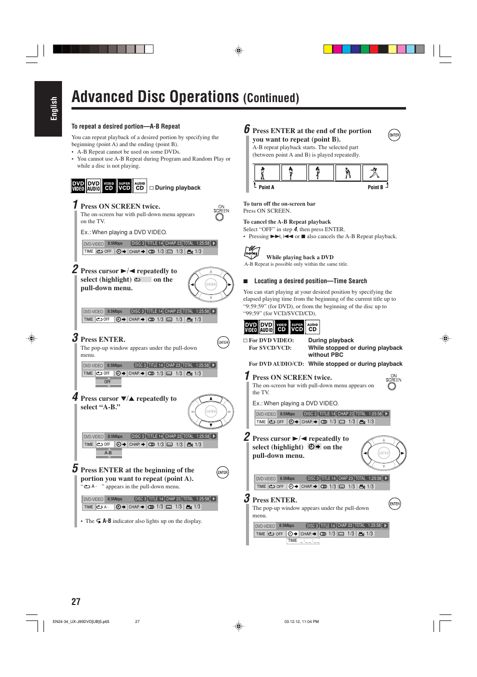 Advanced disc operations, Continued), English | JVC UX-J99DVD User Manual | Page 30 / 96