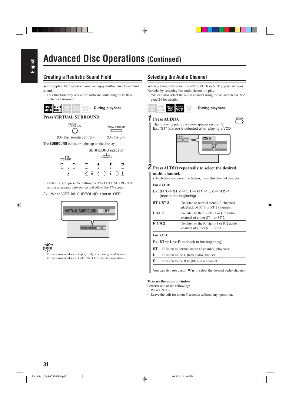 Advanced disc operations, Continued), Selecting the audio channel | Creating a realistic sound field, English | JVC UX-J99DVD User Manual | Page 34 / 96