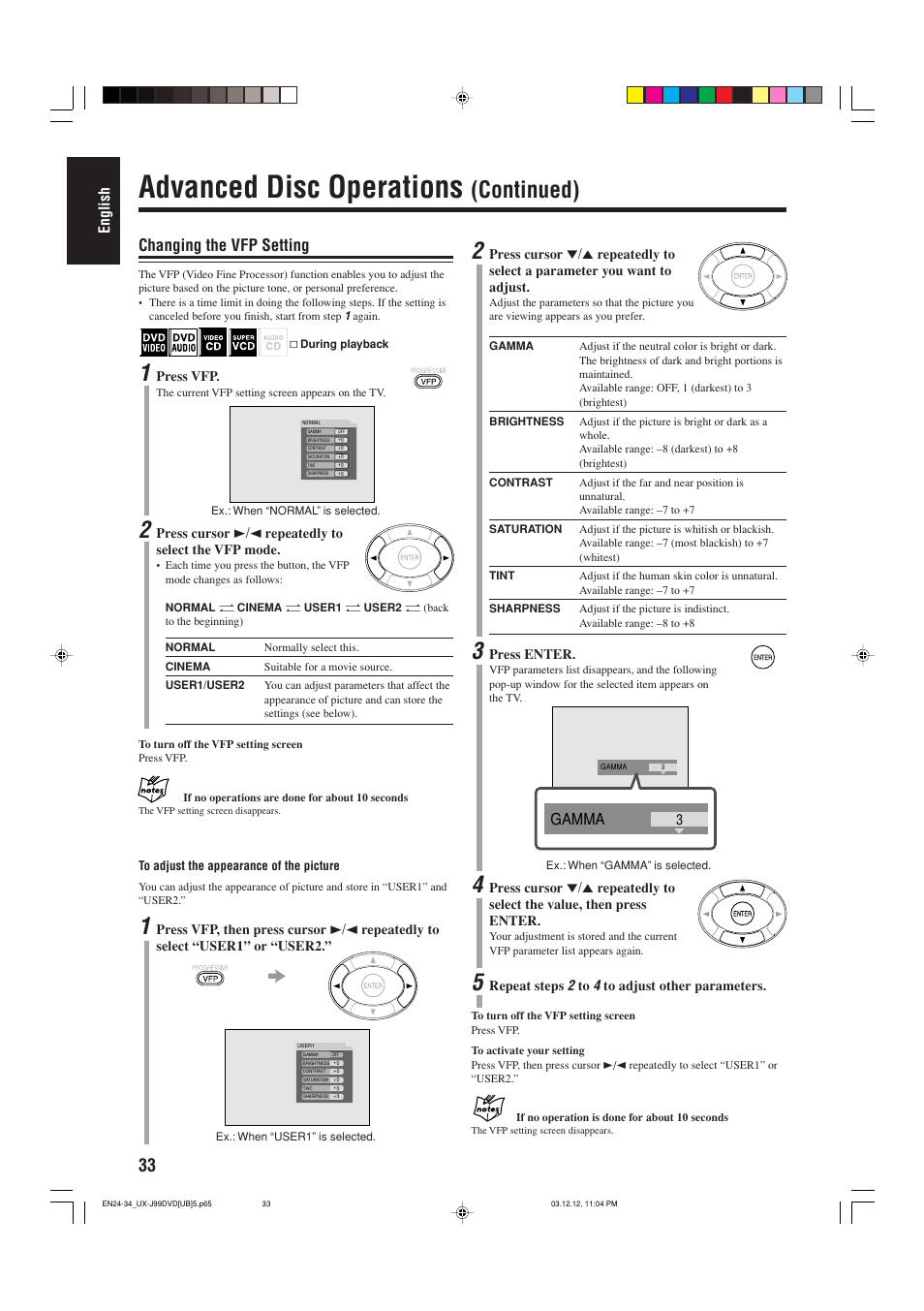 Advanced disc operations, Continued), Changing the vfp setting | Gamma, English | JVC UX-J99DVD User Manual | Page 36 / 96