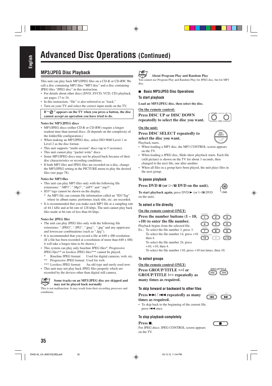 Advanced disc operations, Continued), Mp3/jpeg disc playback | JVC UX-J99DVD User Manual | Page 38 / 96