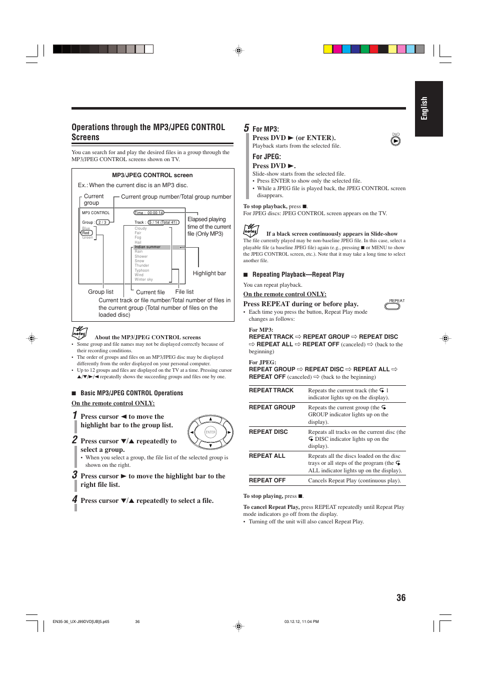 Operations through the mp3/jpeg control screens | JVC UX-J99DVD User Manual | Page 39 / 96