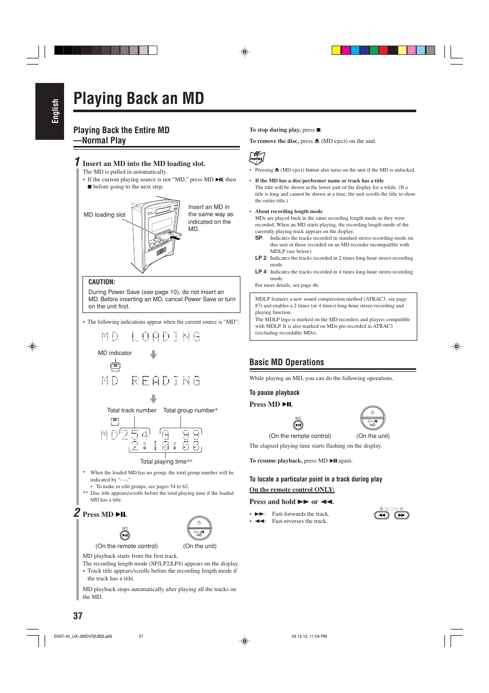 Playing back an md, Basic md operations, Playing back the entire md —normal play | English | JVC UX-J99DVD User Manual | Page 40 / 96