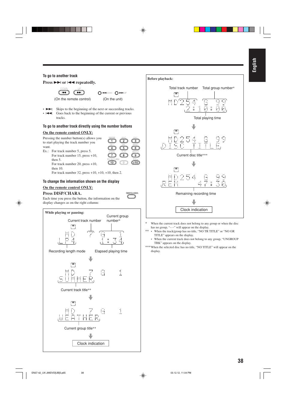 English, Press ¢ or 4 repeatedly, Press disp/chara | JVC UX-J99DVD User Manual | Page 41 / 96