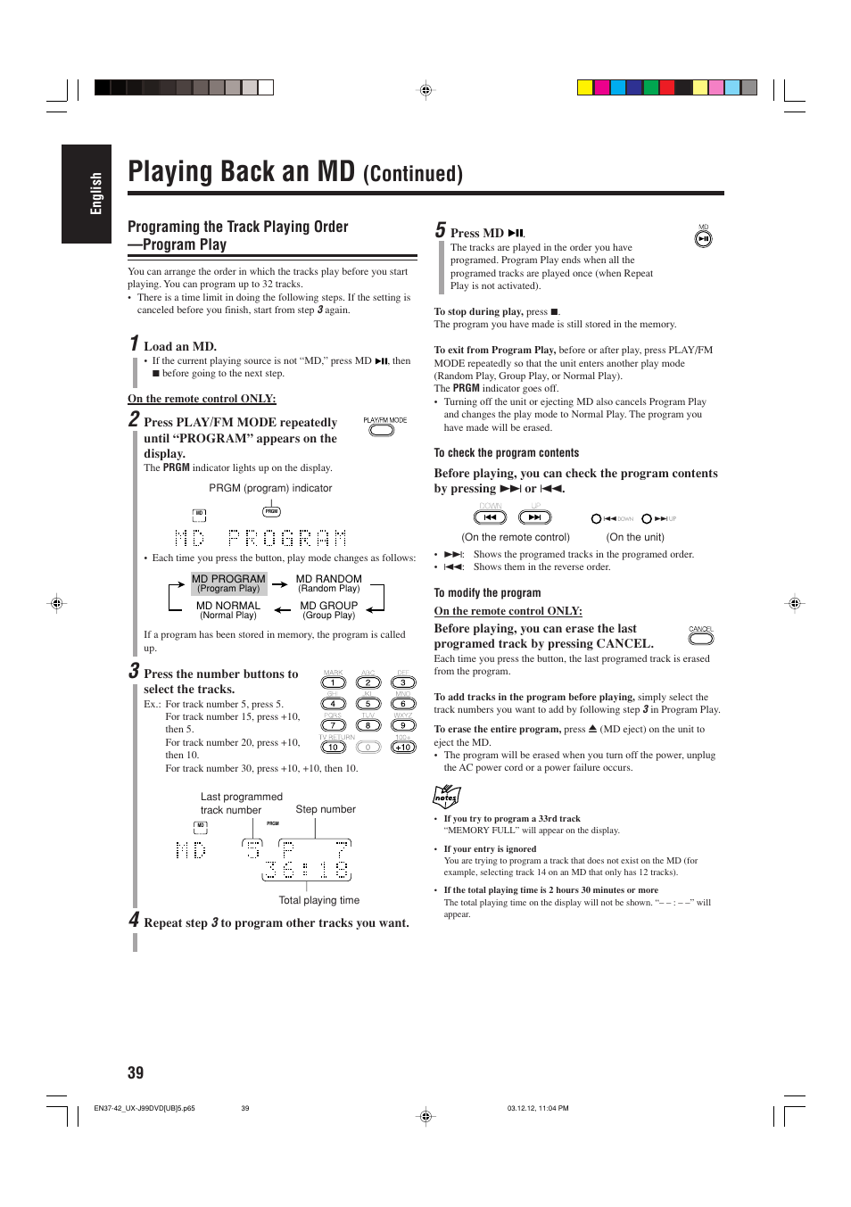 Playing back an md, Continued), Programing the track playing order —program play | JVC UX-J99DVD User Manual | Page 42 / 96