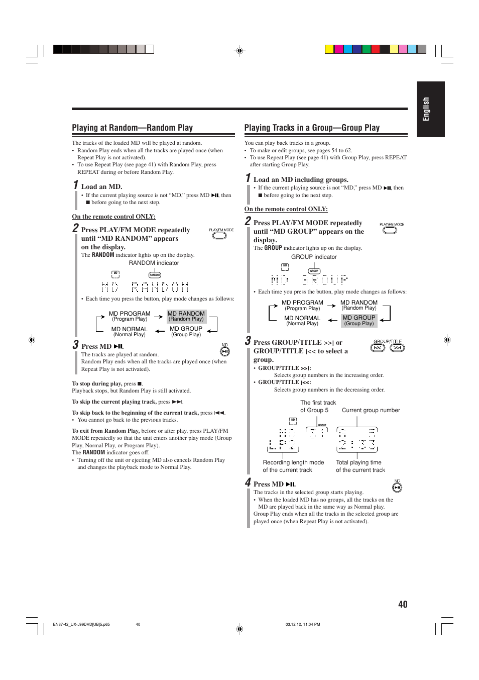 Playing at random—random play, Playing tracks in a group—group play | JVC UX-J99DVD User Manual | Page 43 / 96