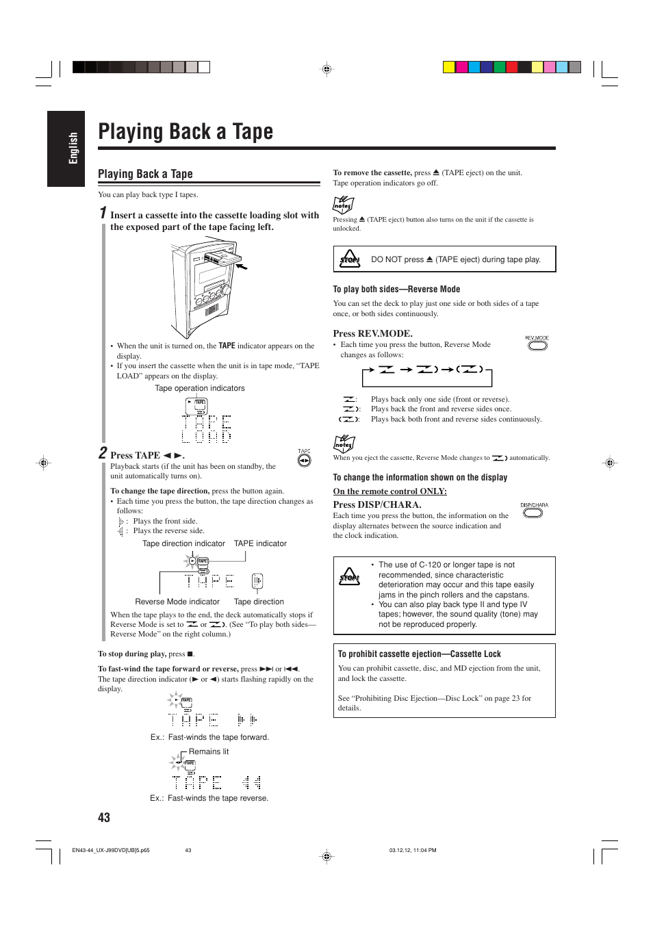 Playing back a tape | JVC UX-J99DVD User Manual | Page 46 / 96