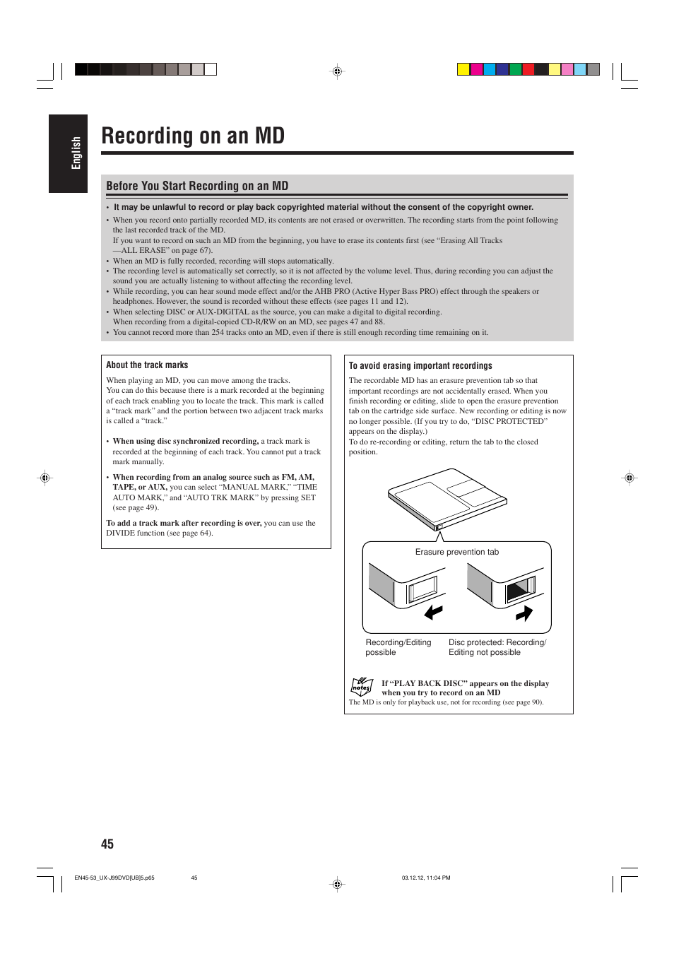 Recording on an md, Before you start recording on an md | JVC UX-J99DVD User Manual | Page 48 / 96