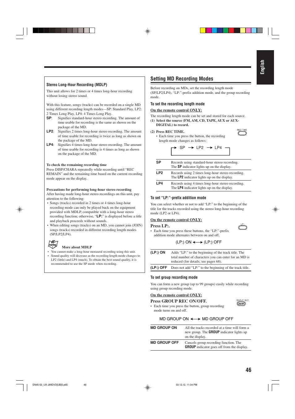 Setting md recording modes | JVC UX-J99DVD User Manual | Page 49 / 96