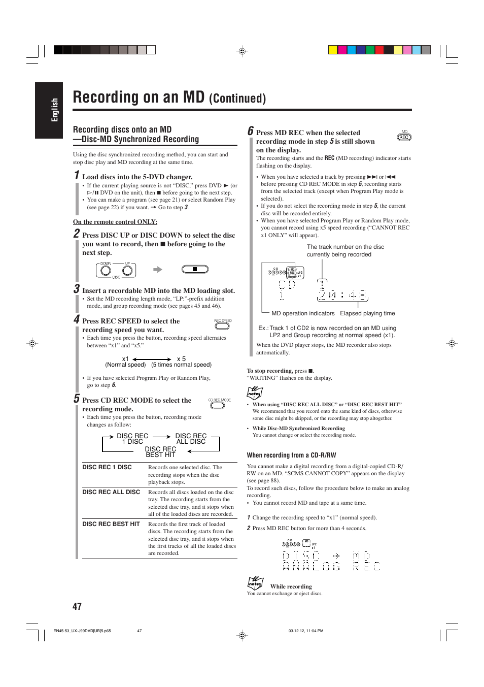 Recording on an md, Continued), English | JVC UX-J99DVD User Manual | Page 50 / 96