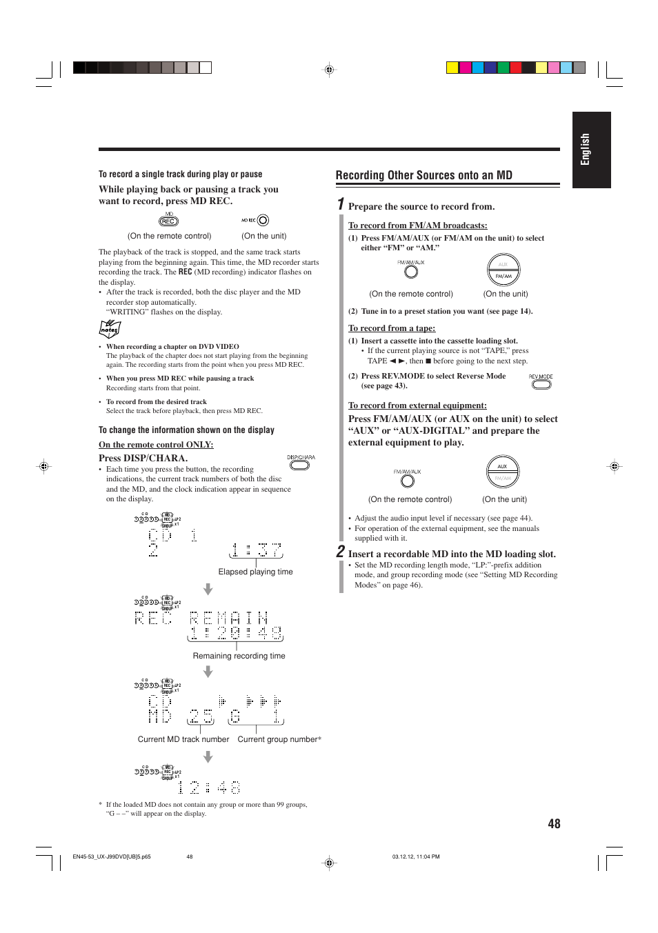 Recording other sources onto an md, English, Press disp/chara | Prepare the source to record from, Insert a recordable md into the md loading slot | JVC UX-J99DVD User Manual | Page 51 / 96