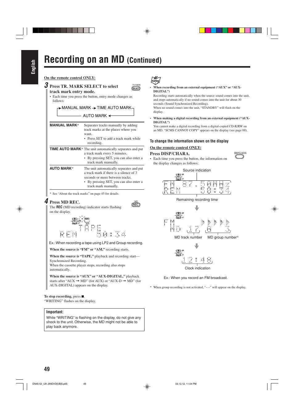 Recording on an md, Continued), English | Press disp/chara, Press md rec | JVC UX-J99DVD User Manual | Page 52 / 96