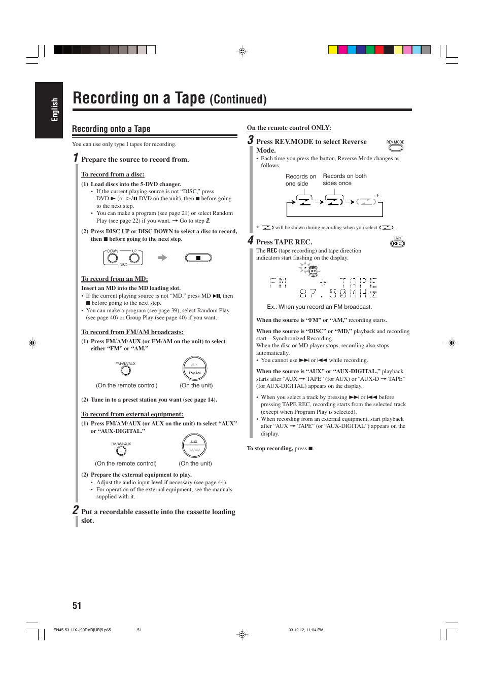 Recording on a tape, Continued), Recording onto a tape | JVC UX-J99DVD User Manual | Page 54 / 96