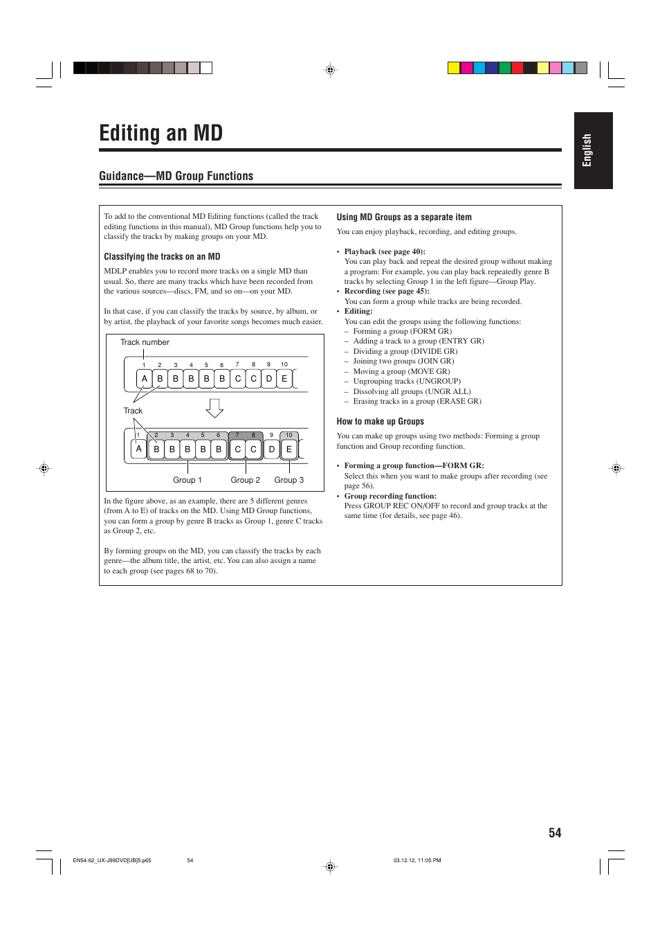 Editing an md, Guidance—md group functions, English | JVC UX-J99DVD User Manual | Page 57 / 96