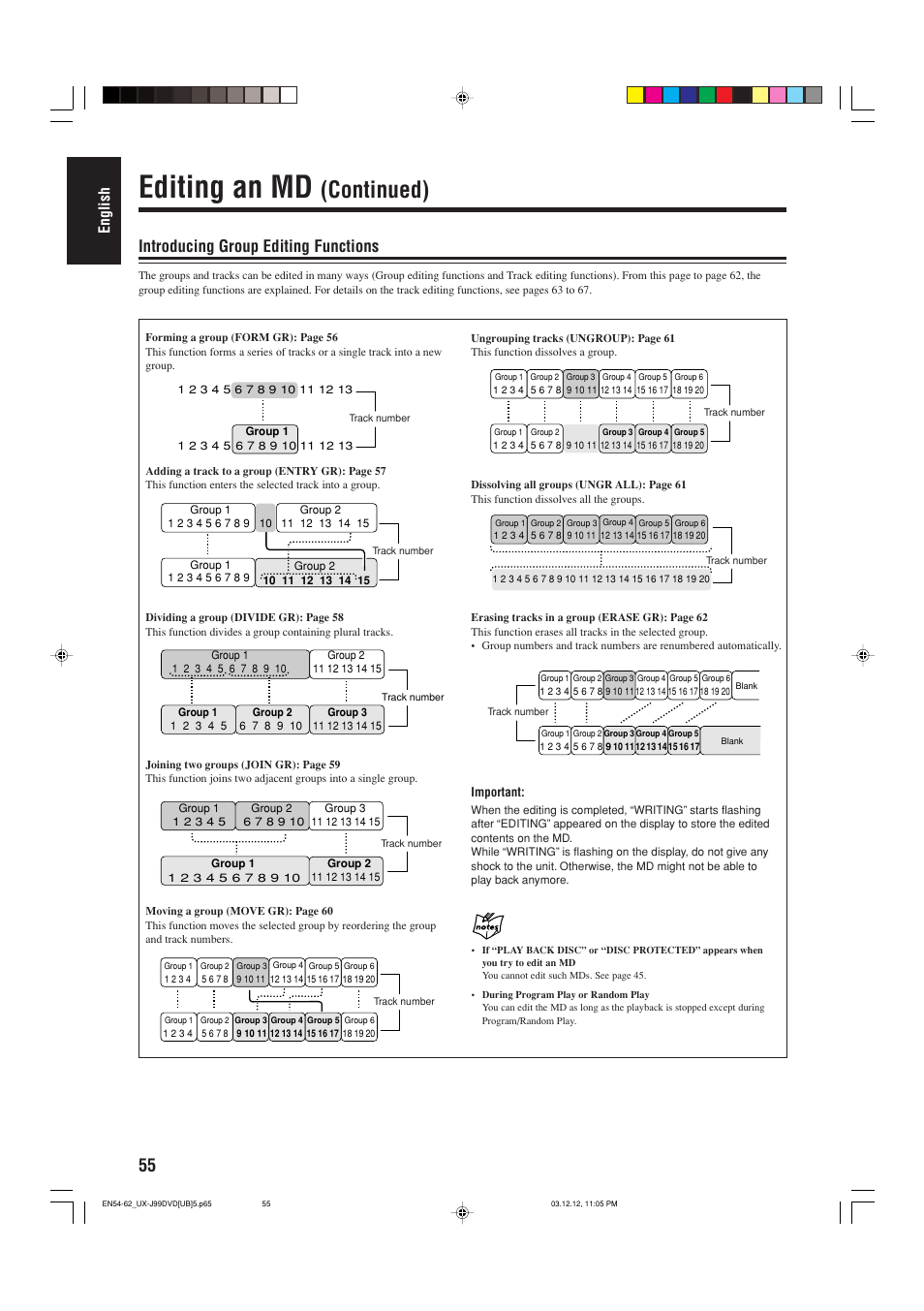 Editing an md, Continued), Introducing group editing functions | English | JVC UX-J99DVD User Manual | Page 58 / 96