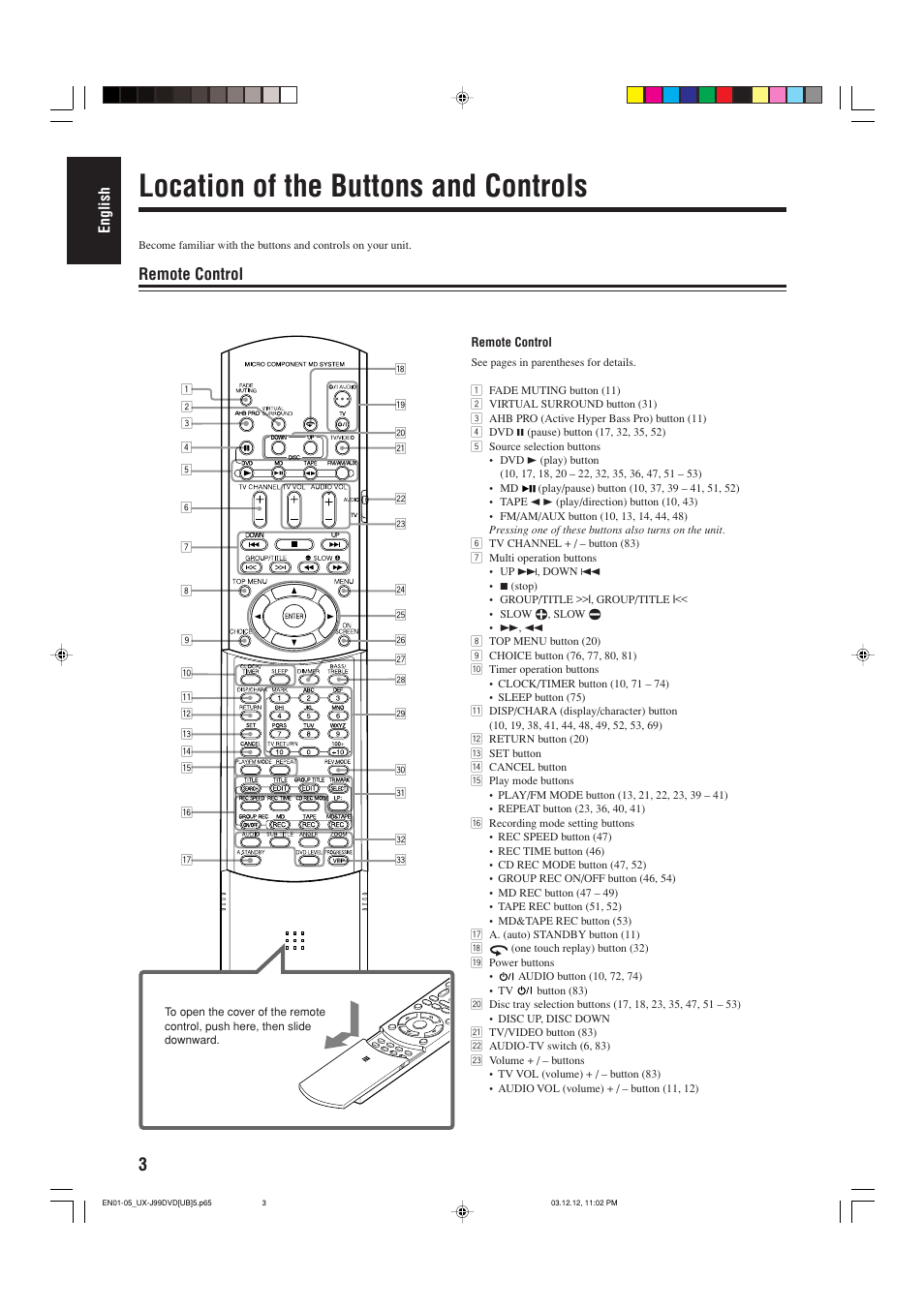 Location of the buttons and controls, Remote control, English | JVC UX-J99DVD User Manual | Page 6 / 96