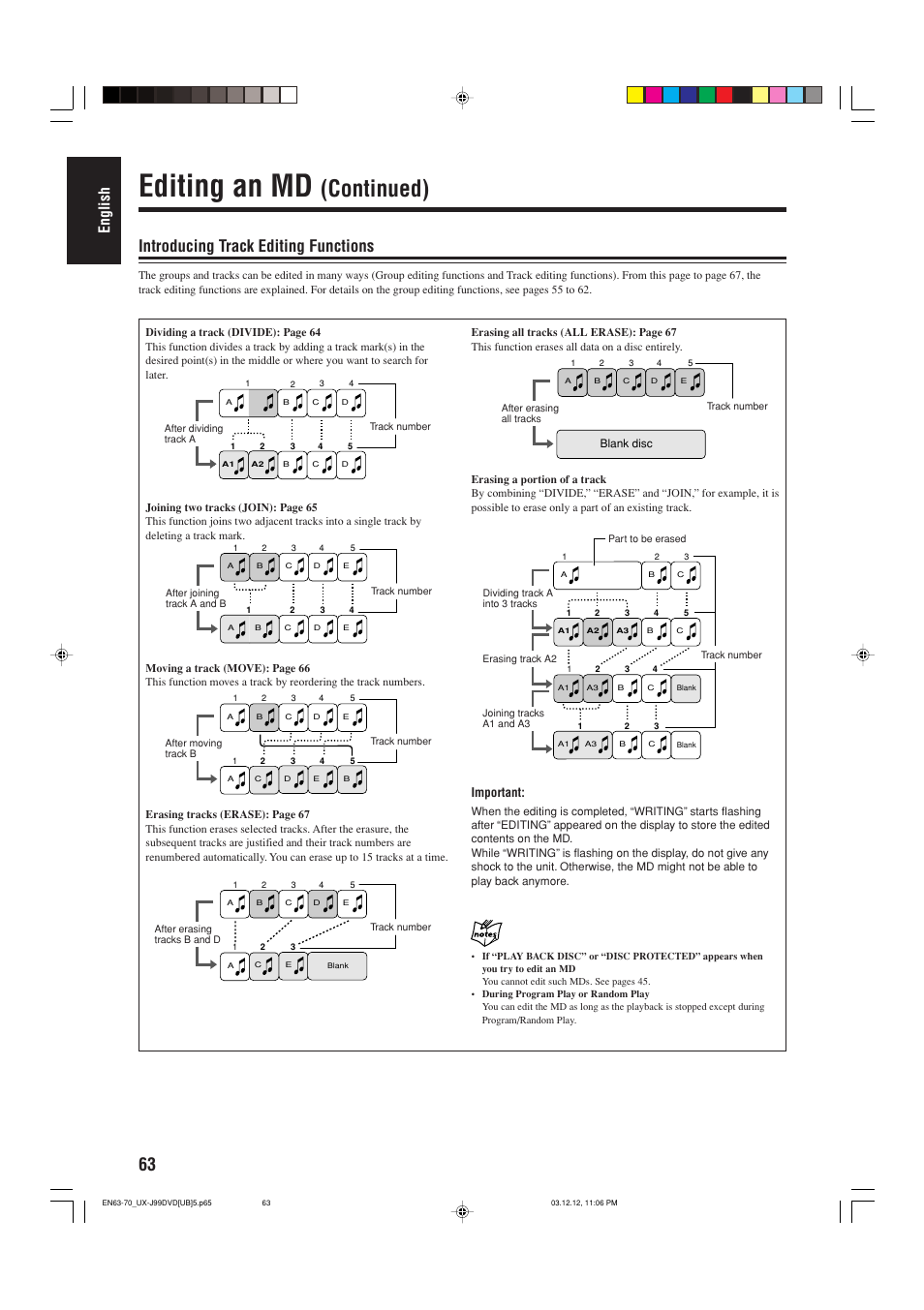 Editing an md, Continued), Introducing track editing functions | English, Important | JVC UX-J99DVD User Manual | Page 66 / 96