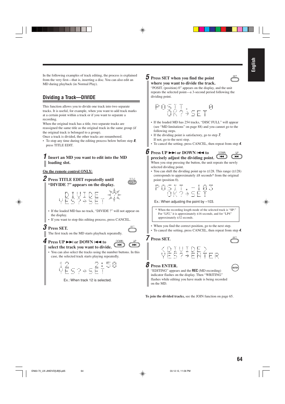 Dividing a track—divide | JVC UX-J99DVD User Manual | Page 67 / 96