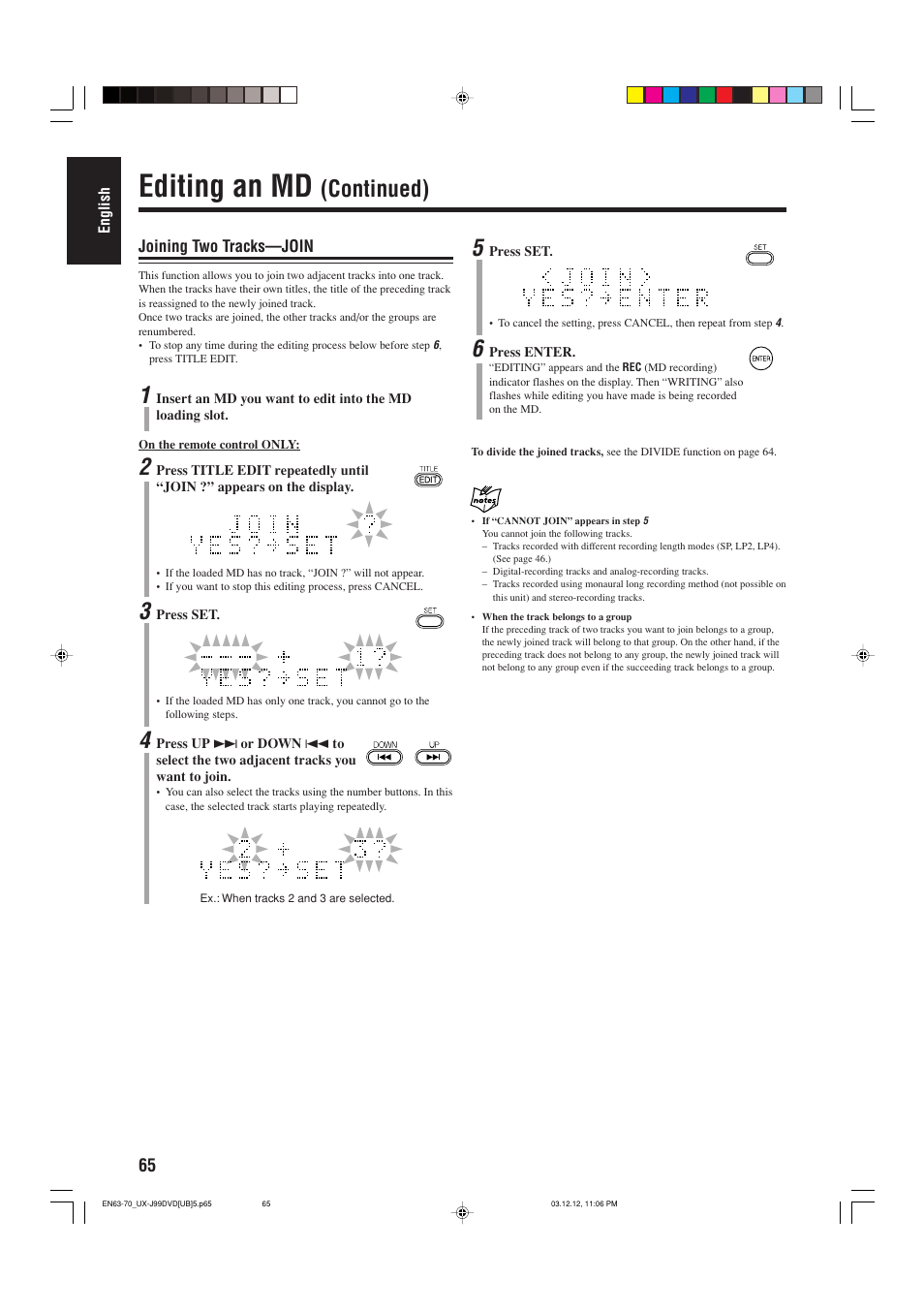 Editing an md, Continued) | JVC UX-J99DVD User Manual | Page 68 / 96