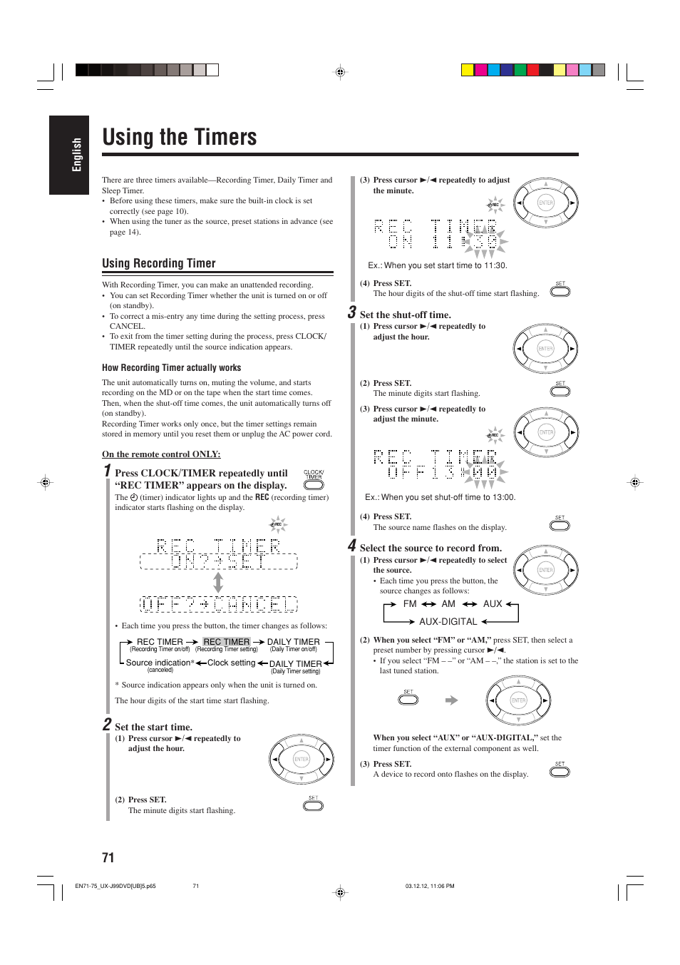 Using the timers, Using recording timer | JVC UX-J99DVD User Manual | Page 74 / 96