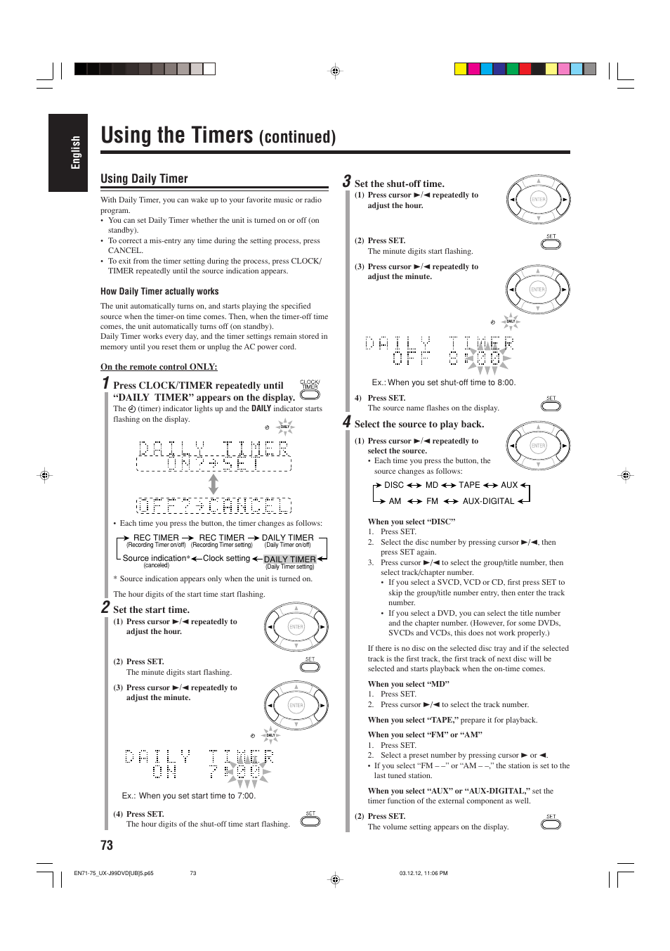 Using the timers, Continued), Using daily timer | JVC UX-J99DVD User Manual | Page 76 / 96