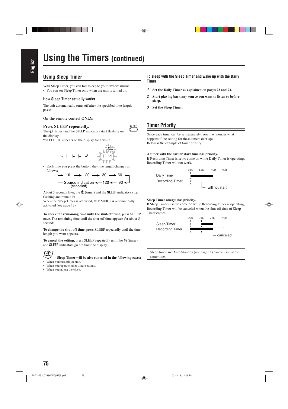 Using the timers, Continued), Timer priority | Using sleep timer | JVC UX-J99DVD User Manual | Page 78 / 96