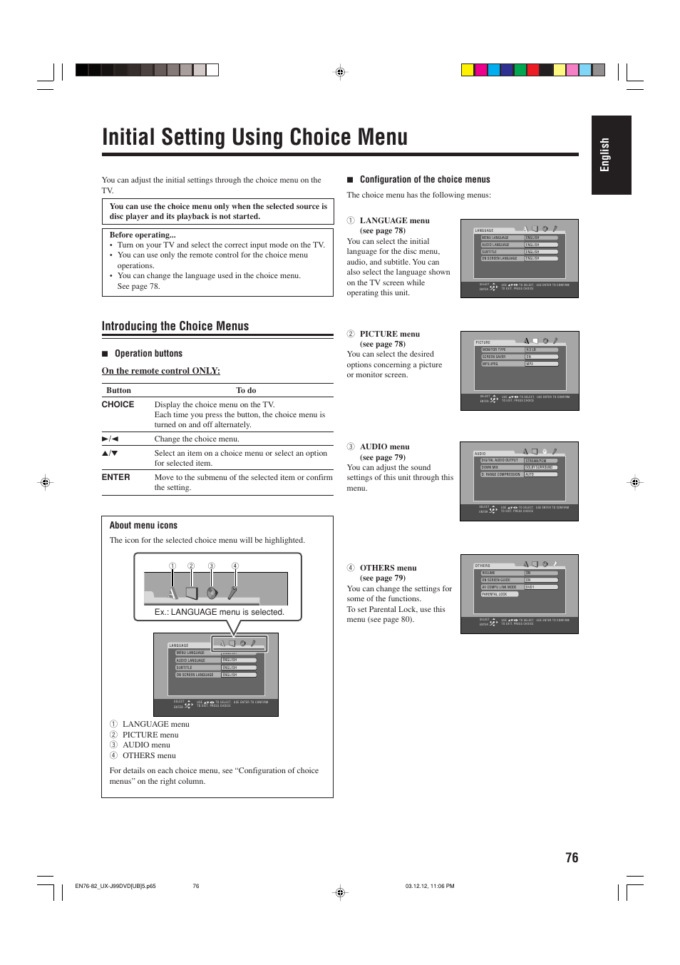 Initial setting using choice menu, Introducing the choice menus, English | 7 operation buttons on the remote control only, About menu icons, 7 configuration of the choice menus | JVC UX-J99DVD User Manual | Page 79 / 96