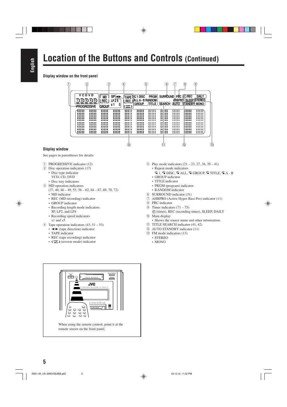 Location of the buttons and controls, Continued), English | JVC UX-J99DVD User Manual | Page 8 / 96