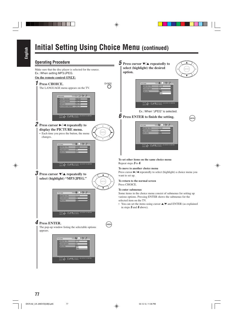 Initial setting using choice menu, Continued), Operating procedure | English, Press enter to finish the setting, Press choice, Press enter, On the remote control only | JVC UX-J99DVD User Manual | Page 80 / 96