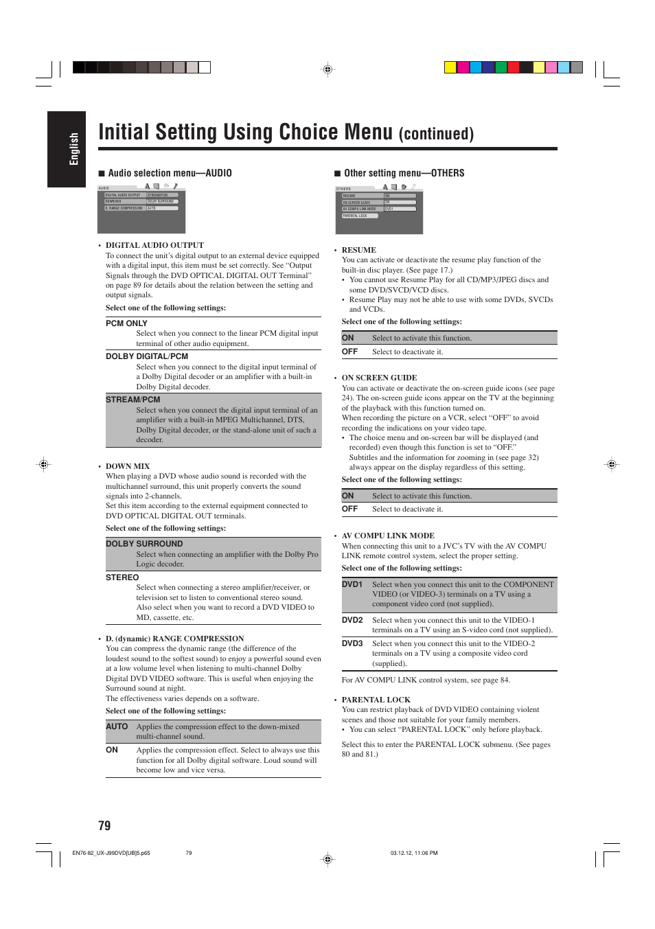 Initial setting using choice menu, Continued), English | 7 audio selection menu—audio, 7 other setting menu—others | JVC UX-J99DVD User Manual | Page 82 / 96