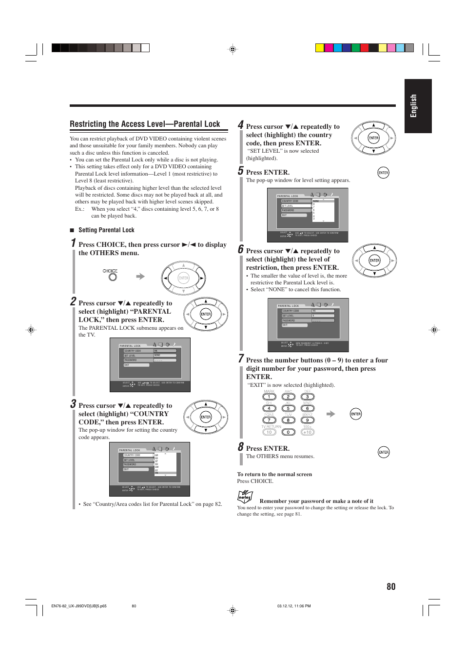 Restricting the access level—parental lock, English, Press enter | 7 setting parental lock | JVC UX-J99DVD User Manual | Page 83 / 96