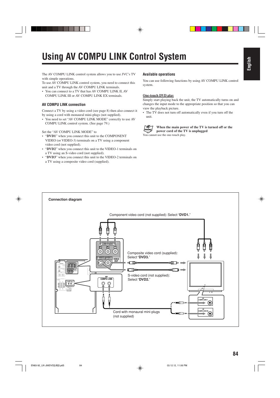 Using av compu link control system, English, Av compu link connection | Available operations | JVC UX-J99DVD User Manual | Page 87 / 96