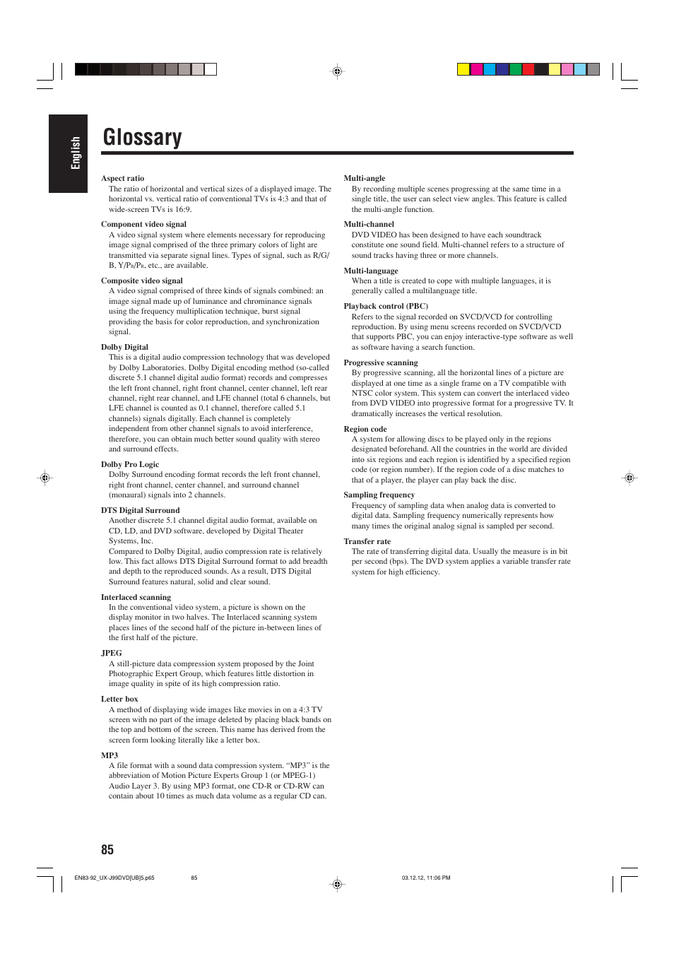 Glossary, English | JVC UX-J99DVD User Manual | Page 88 / 96