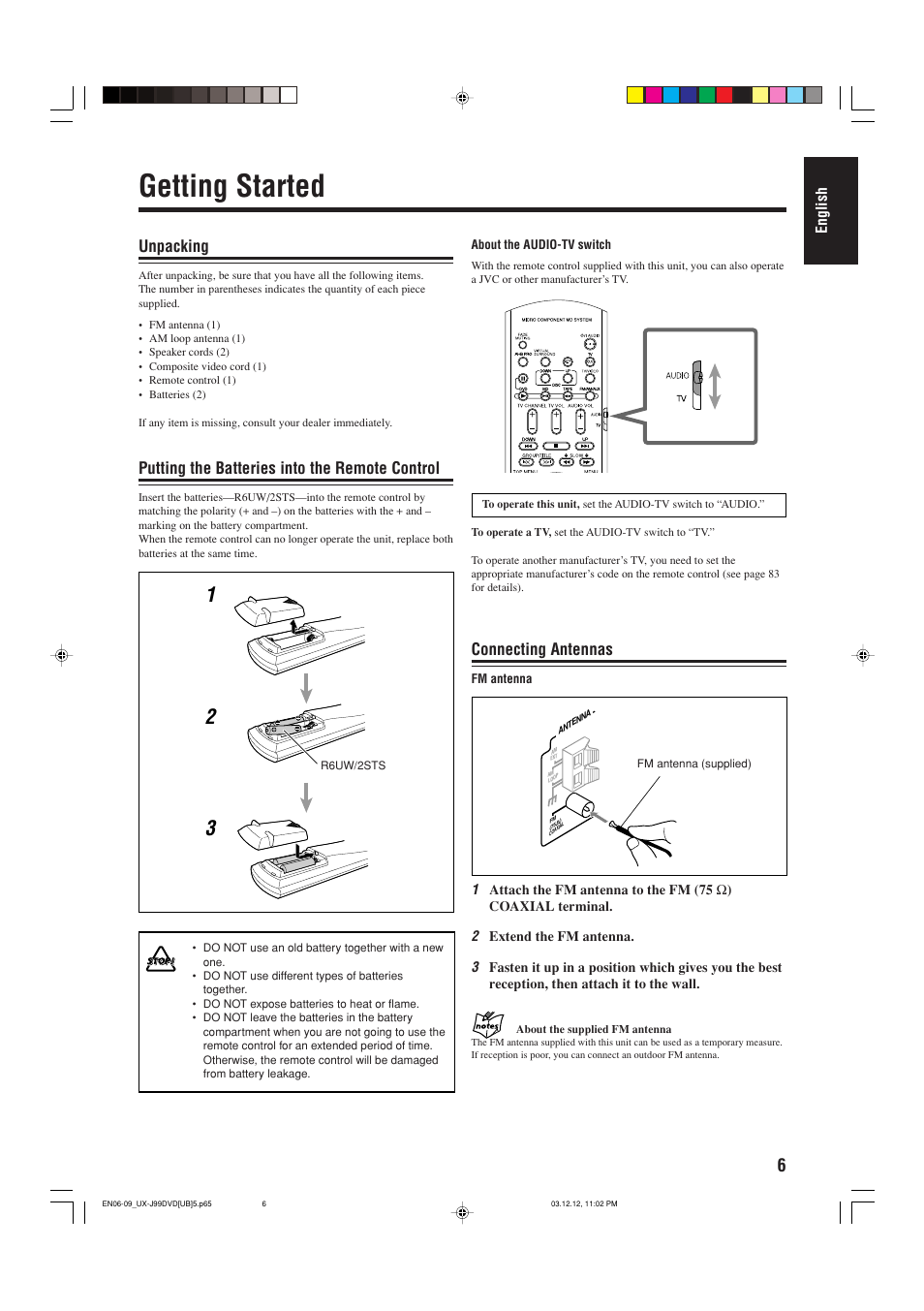 Getting started, Connecting antennas, Unpacking | Putting the batteries into the remote control | JVC UX-J99DVD User Manual | Page 9 / 96