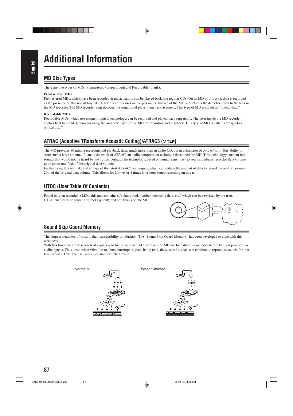 Additional information, Md disc types, Utoc (user table of contents) | JVC UX-J99DVD User Manual | Page 90 / 96