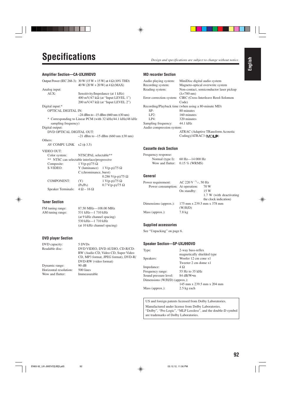 Specifications, English | JVC UX-J99DVD User Manual | Page 95 / 96