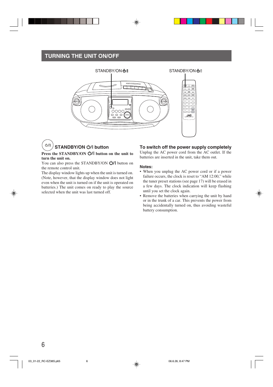 Turning the unit on/off, Standby/on button, Program/ preset | Standby/on | JVC RC-EZ38SJ User Manual | Page 10 / 29