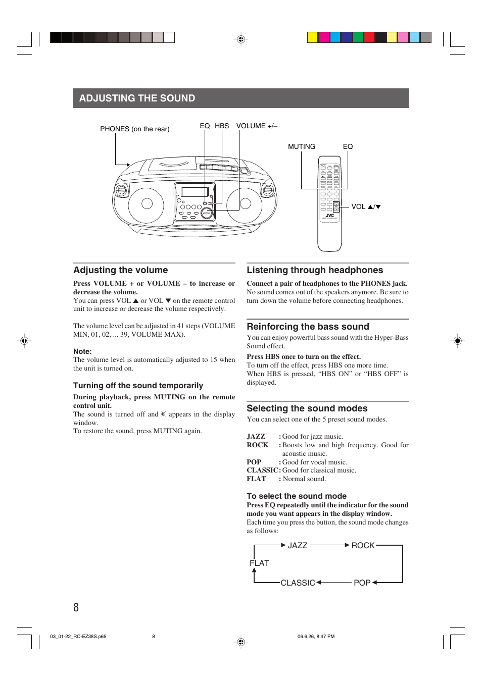 Adjusting the sound, Adjusting the volume, Listening through headphones | Reinforcing the bass sound, Selecting the sound modes, Turning off the sound temporarily, Pop classic jazz rock flat, Program/ preset | JVC RC-EZ38SJ User Manual | Page 12 / 29