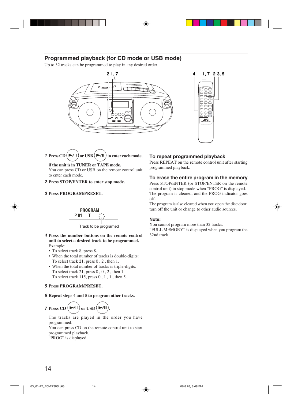 Programmed playback (for cd mode or usb mode), Program/ preset | JVC RC-EZ38SJ User Manual | Page 18 / 29