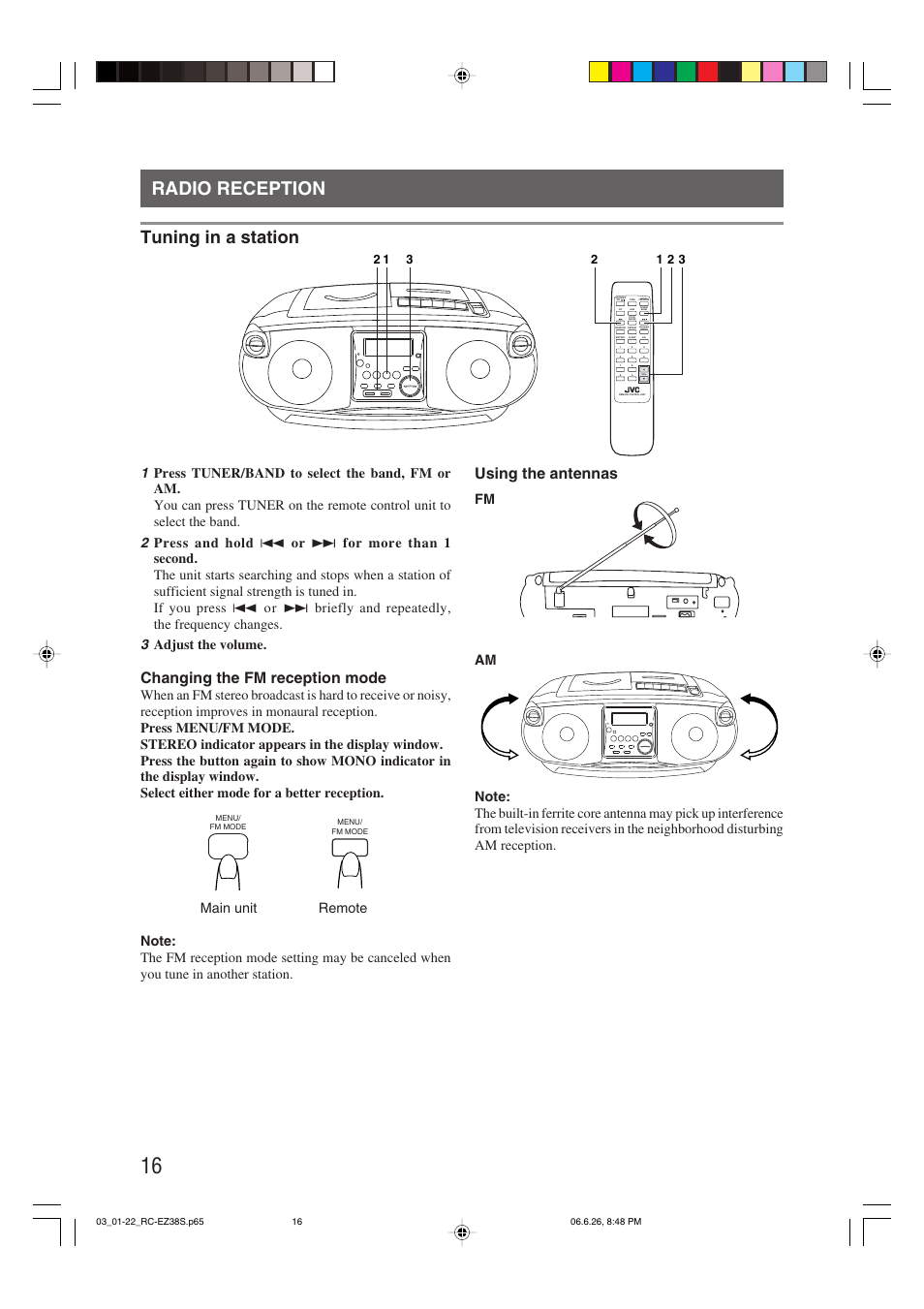 Radio reception, Tuning in a station, Changing the fm reception mode | Using the antennas, Program/ preset | JVC RC-EZ38SJ User Manual | Page 20 / 29