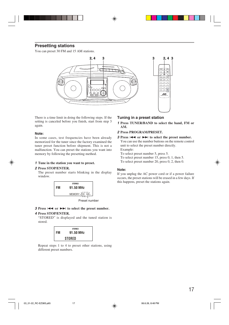 Presetting stations, Stored, Tuning in a preset station | You can preset 30 fm and 15 am stations, Program/ preset, 50 mhz | JVC RC-EZ38SJ User Manual | Page 21 / 29