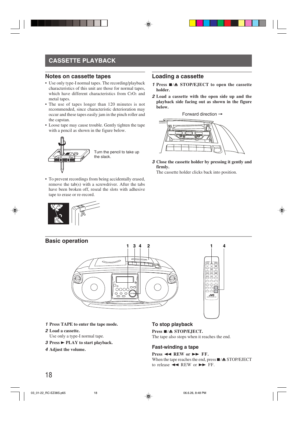 Cassette playback, Loading a cassette, Basic operation | Fast-winding a tape, Program | JVC RC-EZ38SJ User Manual | Page 22 / 29