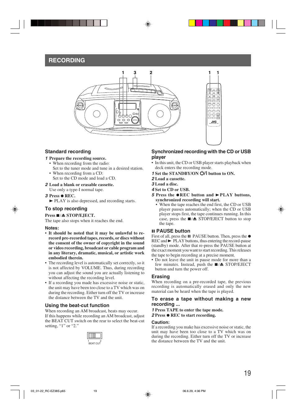 Recording, Standard recording, Using the beat-cut function | Synchronized recording with the cd or usb player, 8 pause button, Erasing, Program | JVC RC-EZ38SJ User Manual | Page 23 / 29