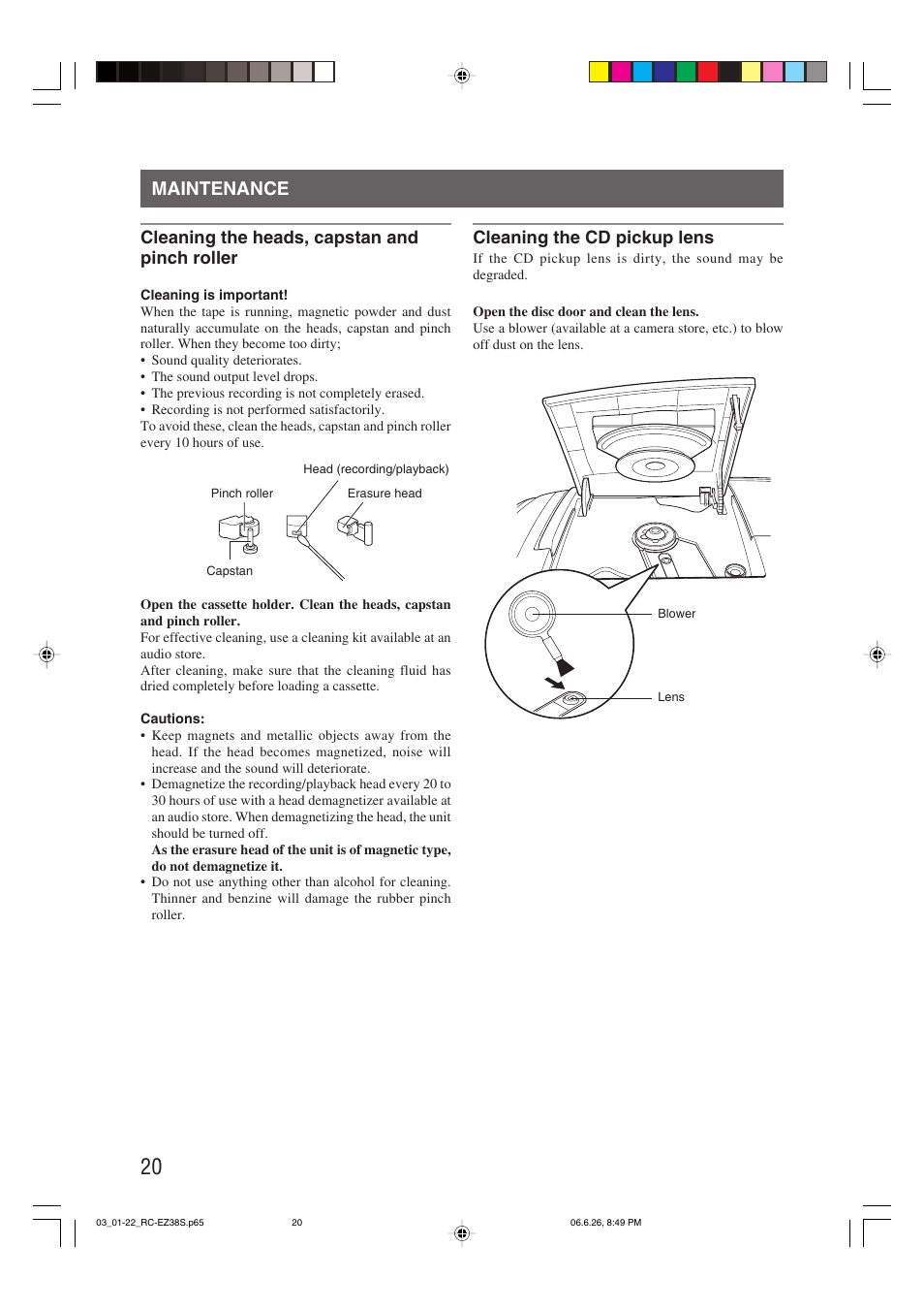 Maintenance, Cleaning the cd pickup lens, Cleaning the heads, capstan and pinch roller | JVC RC-EZ38SJ User Manual | Page 24 / 29