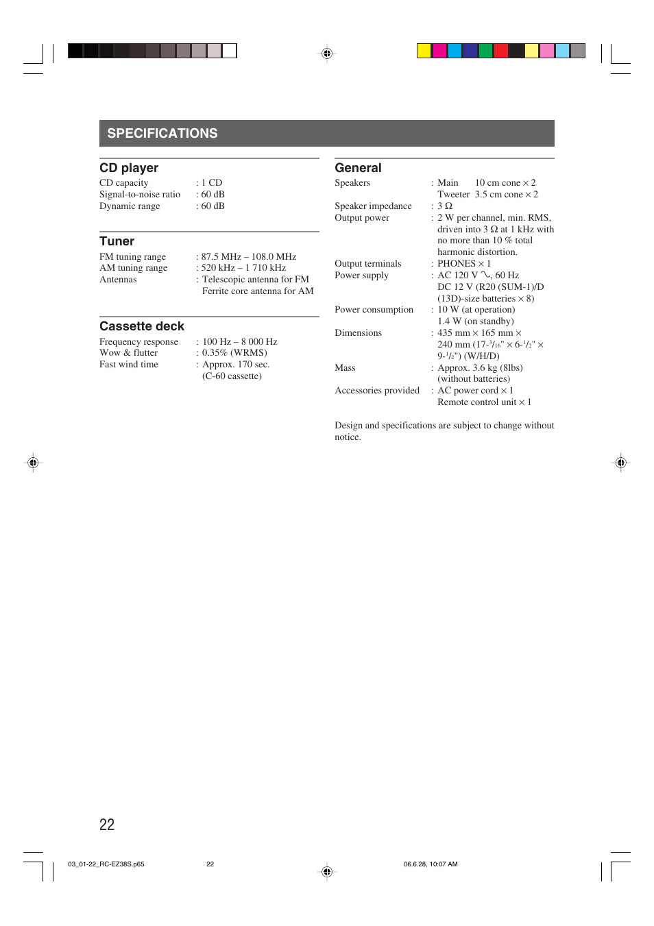 Specifications, Cd player, Tuner | Cassette deck, General | JVC RC-EZ38SJ User Manual | Page 26 / 29