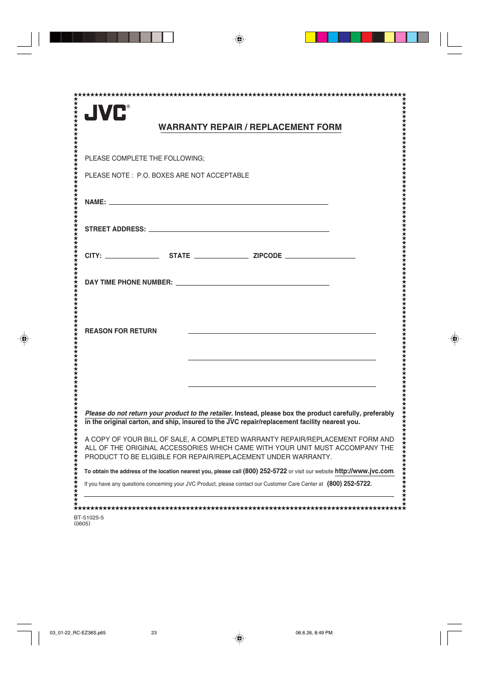 Warranty repair / replacement form | JVC RC-EZ38SJ User Manual | Page 27 / 29