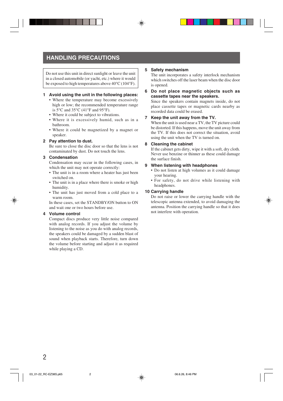 Handling precautions | JVC RC-EZ38SJ User Manual | Page 6 / 29